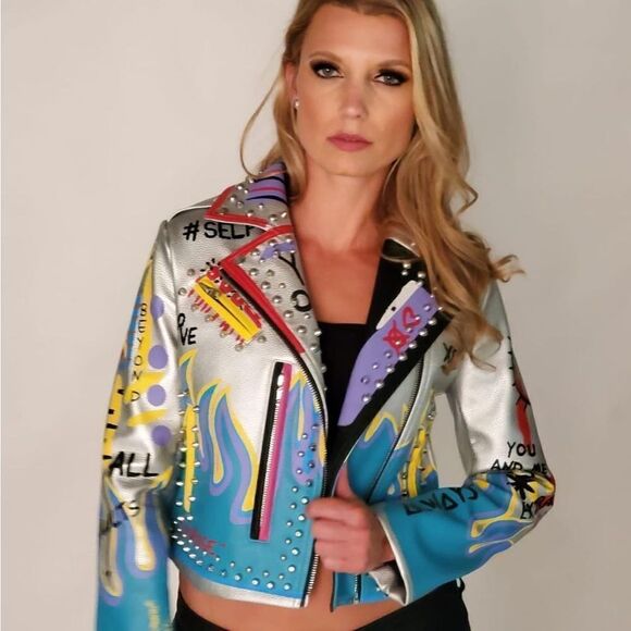 For Her NYC Jackets & Blazers - NWT Women's Plus Size Silver Moto Studded Faux Leather Jacket -Size 2X